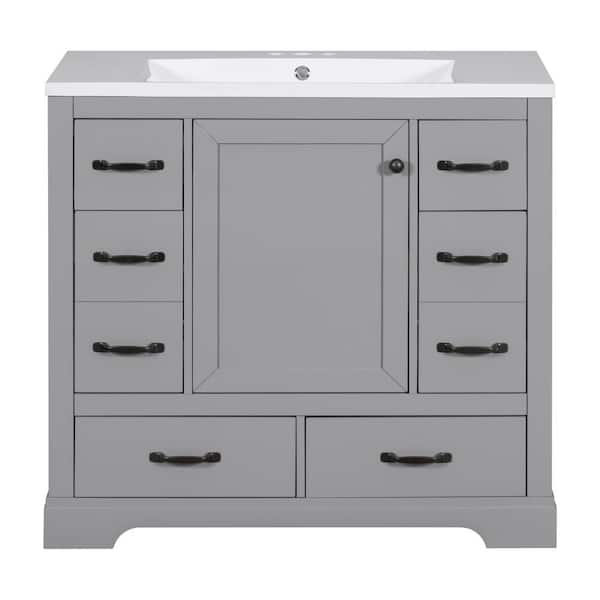 36 in. Single Sink Freestanding Gray Bath Vanity with White Ceramic Top, Adjustable Shelves and 6 Drawers