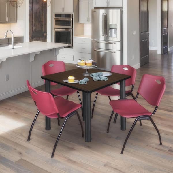 Kee 42 in. Neo Walnut Square Breakroom Table Desk and 4 'M' Stack Chairs-Burgundy