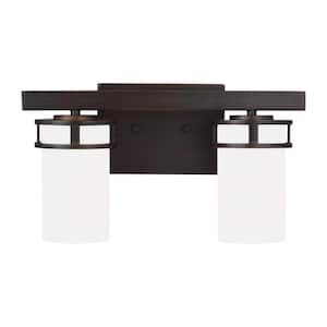 Robie 14 in. 2-Light Bronze Transitional Rustic Wall Bathroom Vanity Light with Etched White Glass Shades and LED Bulbs