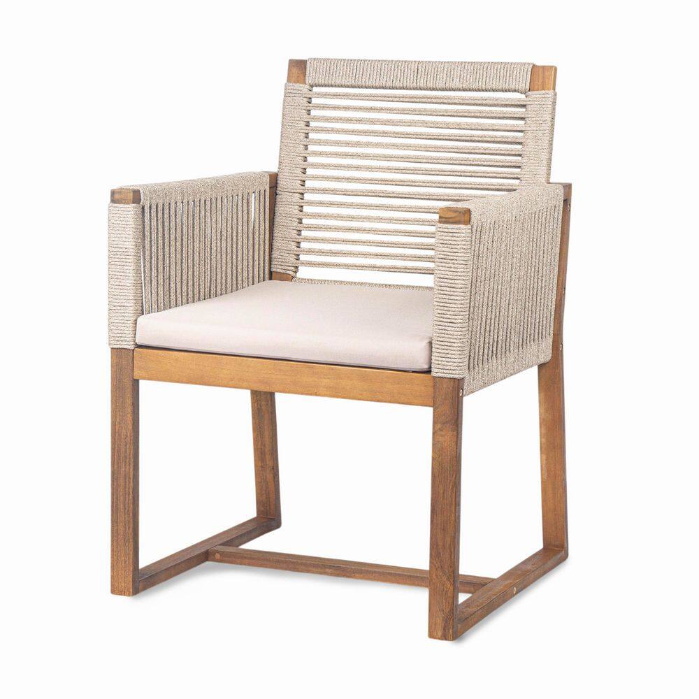 Phuoc Beige 7-Piece Solid Wood Outdoor Dining Set with Beige Cushion and Handwoven Cord