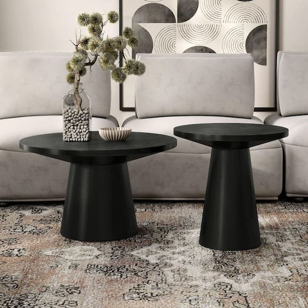 Leander 2-Piece 29 in. Black Round Wood Coffee Table Set with Cone-Shaped Pedestal Base