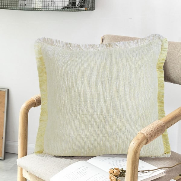 LR Home Unique Light Yellow White 20 in. x 20 in. Neutral 2-Tone Fringe Cotton Throw Pillow