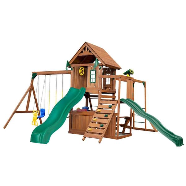 Swing-N-Slide Playsets Professionally Assembled Super Knightsbridge Wooden Outdoor Playground Set with Slide, Rock Wall, Swing, and Monkey Bars
