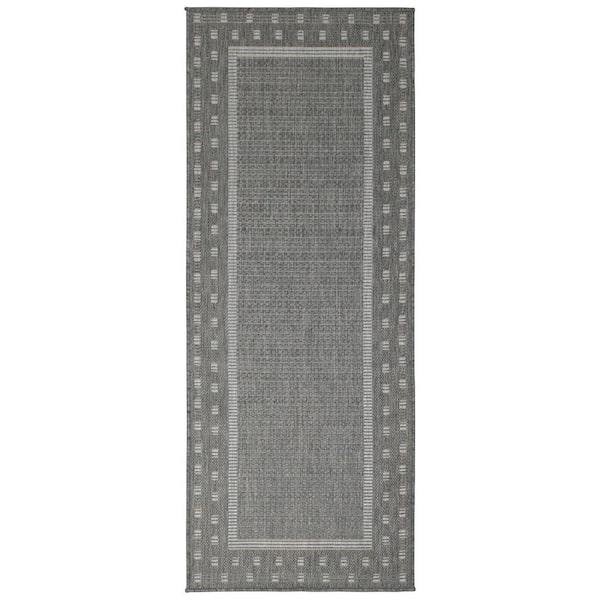 Ottomanson Jardin Collection Bordered 3x7 Non Shedding Indoor/Outdoor Runner Rug, 2 ft. 7 in. x 6 ft. 11 in., Light Gray