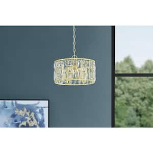 Kristella 4-Light Soft Gold Drum Pendant Hanging Light with Clear Crystal Glass, Glam Styled Dining Room Chandelier