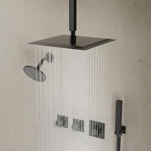 3-Handles Thermostatic Valve 5-Spray 12 and 6 in 2.5 GPM Shower Faucet with 2-Function Handheld Shower in Matte Black