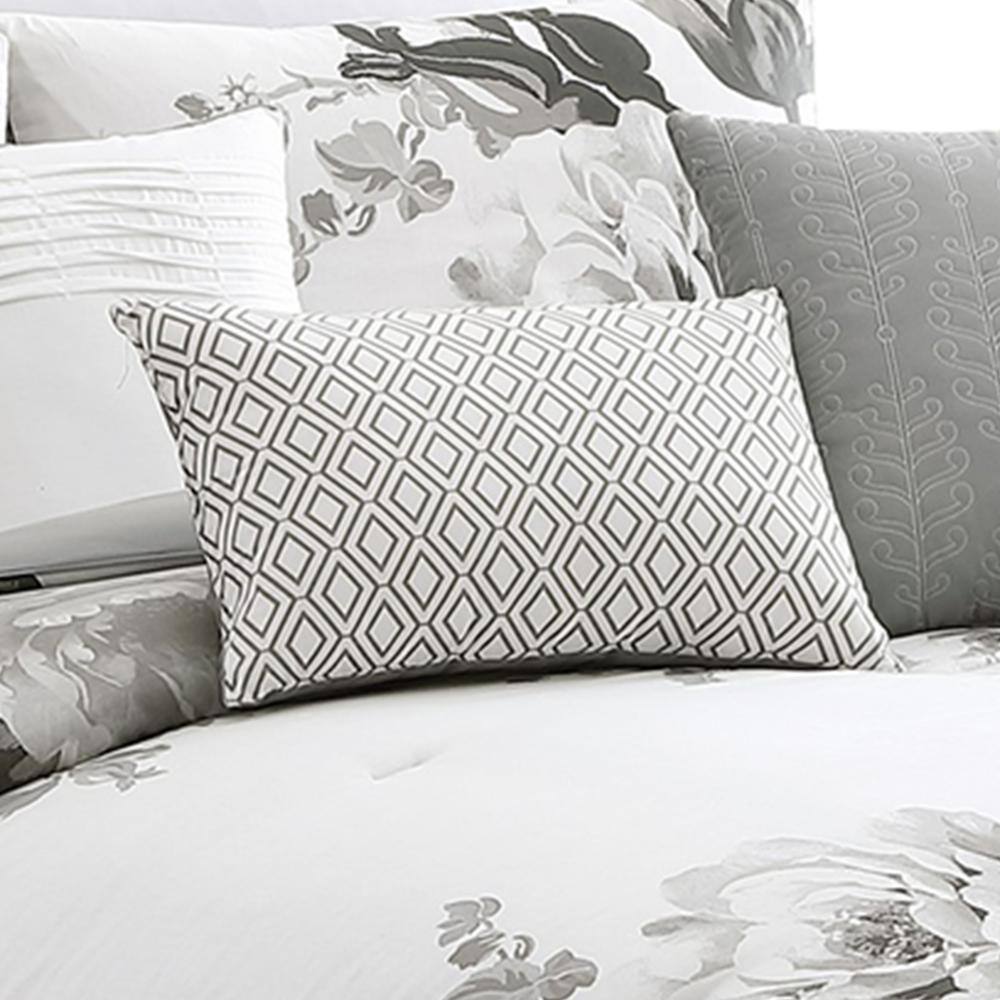 Gray and White Floral Cotton Queen Comforter Set