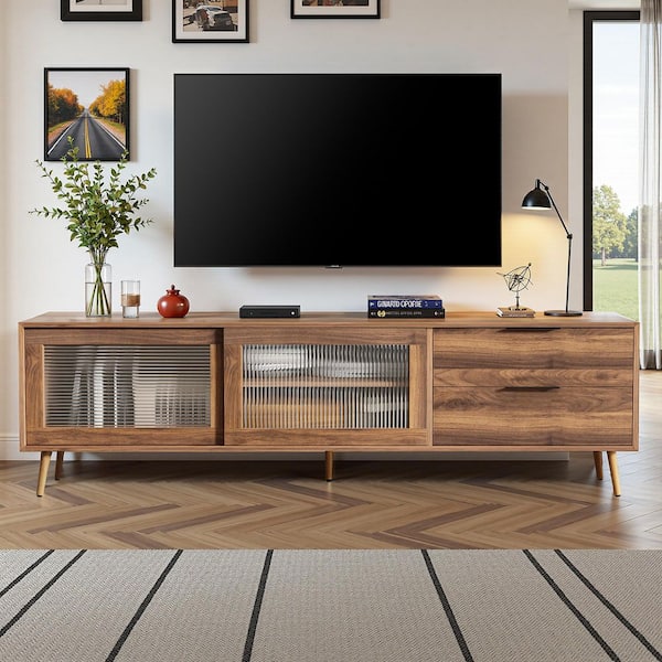 SPRUCE & SPRING Walnut TV Stand Fits TVs up to 79 in. with 2-Drawers and Storage Cabinets, Entertainment Center for Livingroom