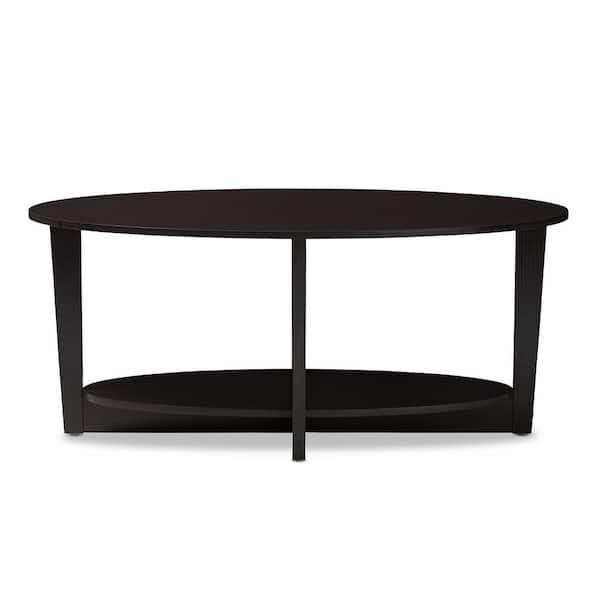 Baxton Studio Jacintha 44 in. Wenge Dark Brown Large Oval Wood Coffee Table with Shelf