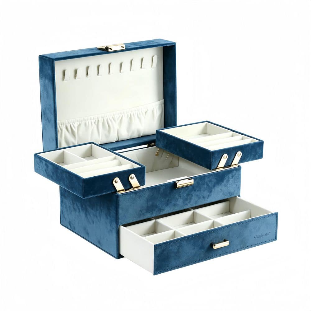 Blue 9.1 in. x 5.7 in. 3-Tier Leather Jewelry Organizer with Drawer and Removable Metal Stand price history on PriceWatchPro