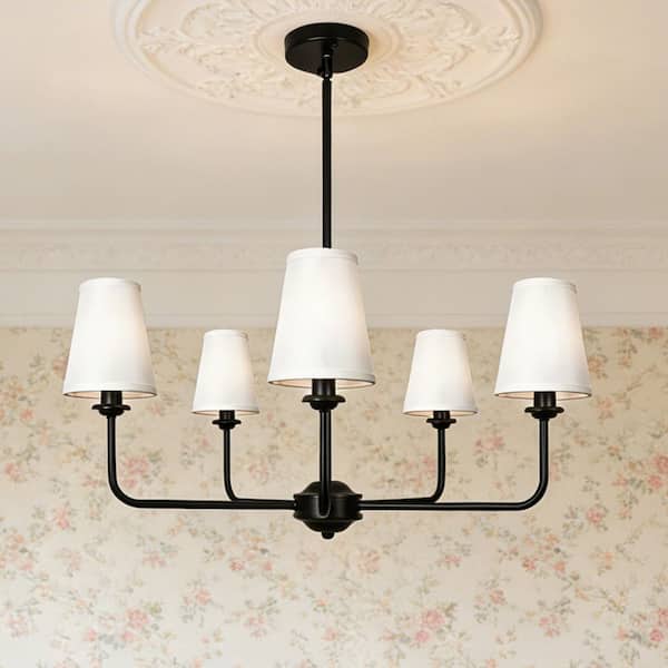 31.5 in.5-Light Modern Kitchen Island Pendant Lighting Fixture,Classic Black Chandelier w/ Linen Shades for Dining Room