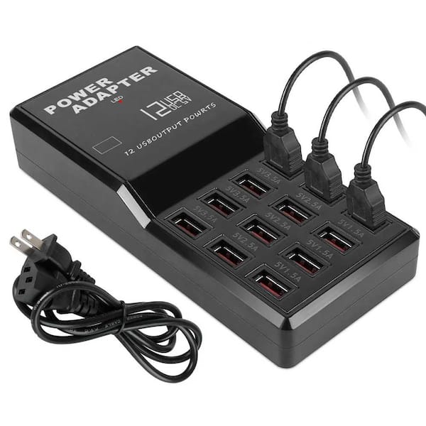 12-Port USB Charging Station Hub 60W Desktop USB Hub Multiple USB Charger Fast Charge, Black