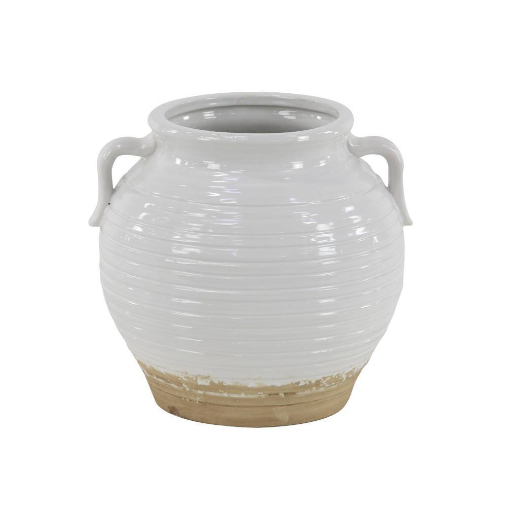9" White Ceramic Planter Pot with Dual Handles