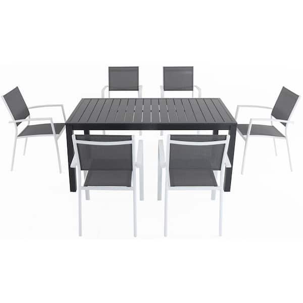 Hanover Naples 7-Piece Aluminum Outdoor Dining Set with 6 Sling Chairs in Gray/White and a 63 in. x 35 in. Dining Table