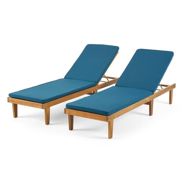 Nadine Teak Brown 2-Piece Wood Outdoor Patio Chaise Lounge with Blue Cushions