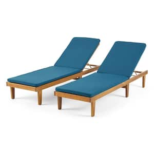 Nadine Teak Brown 2-Piece Wood Outdoor Chaise Lounge with Blue Cushions