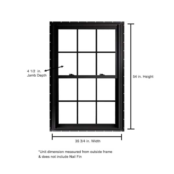 35.75 in. x 54 in. 70 Series Low-E Argon Glass Double Hung No J Black Vinyl Fin Window with Grids, Screen Included