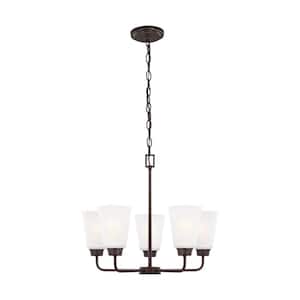 Kerrville 5-Light Bronze Traditional Transitional Single Tier Hanging Chandelier with Satin Etched Glass Shades