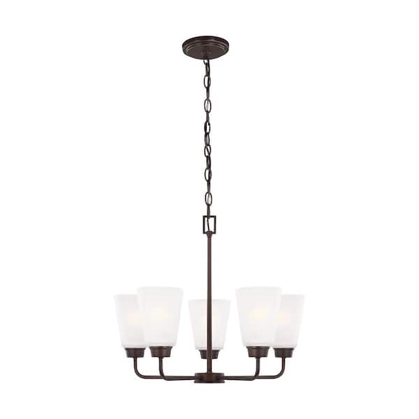 Generation Lighting Kerrville 5-Light Bronze Traditional Transitional Hanging Chandelier with Satin Etched Glass Shades and LED Light Bulbs