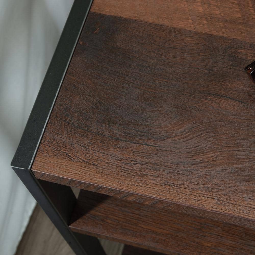 Barrel Oak and Metal Frame Nightstand with Drawer