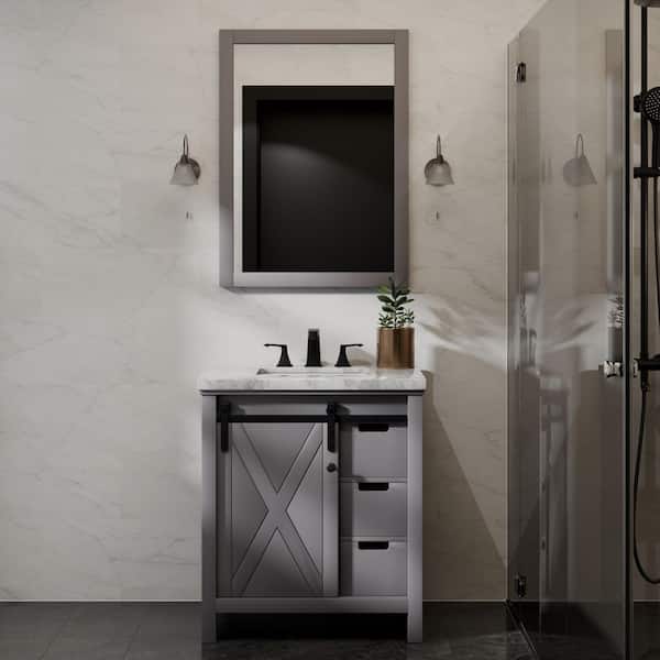 Marsyas 30 in W x 22 in D Dark Grey Bath Vanity, Carrara Marble Countertop and 28 in Mirror