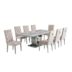Ada 9-Piece White Marble Top With Stainless Steel Base Table Set With 8 Cream Velvet Chairs With Tufted Buttons