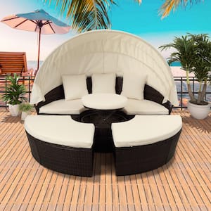 4-Piece Patio Furniture Round Daybed Set, Outdoor Wicker Rattan Conversation Set with Retractable Canopy, Beige Cushion