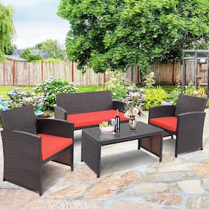 4-Pieces Rattan Patio Conversation Set Outdoor Furniture Set with Red Cushions