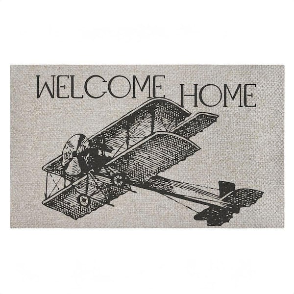 Welcome Home Vintage Airplane Brown 18 in. x 30 in. Polyester Non-Slip Outdoor Door Mat