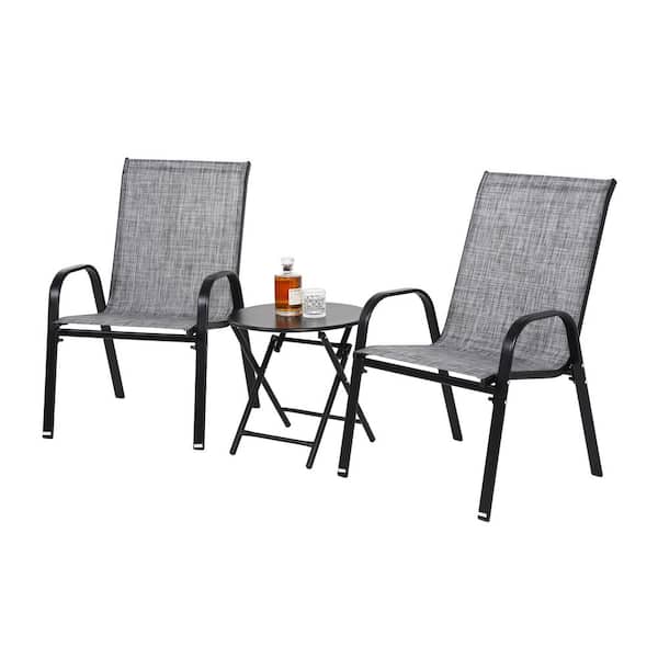 Unbranded Gray 3-Piece Metal Patio Conversation Set with Folding Steel Top Table for Outdoor
