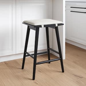 Barker 25 in. Counter Height Wood Bar Stool w/ Upholstered Cushion, Backless Island Stool, Cream Boucle/Black