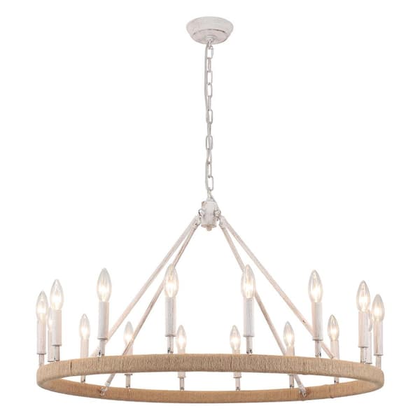 16-Light Light Gray Hemp Rope Candlestick Wagon Wheel Chandelier Linear Chandelier Lighting for Kitchen Island