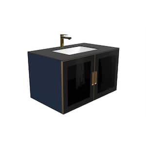 Solaria 36 in. W x 22 in. D x 21.5 in. H Single Floating Bath Vanity Blue with Gold Trim with Black Porcelain Top