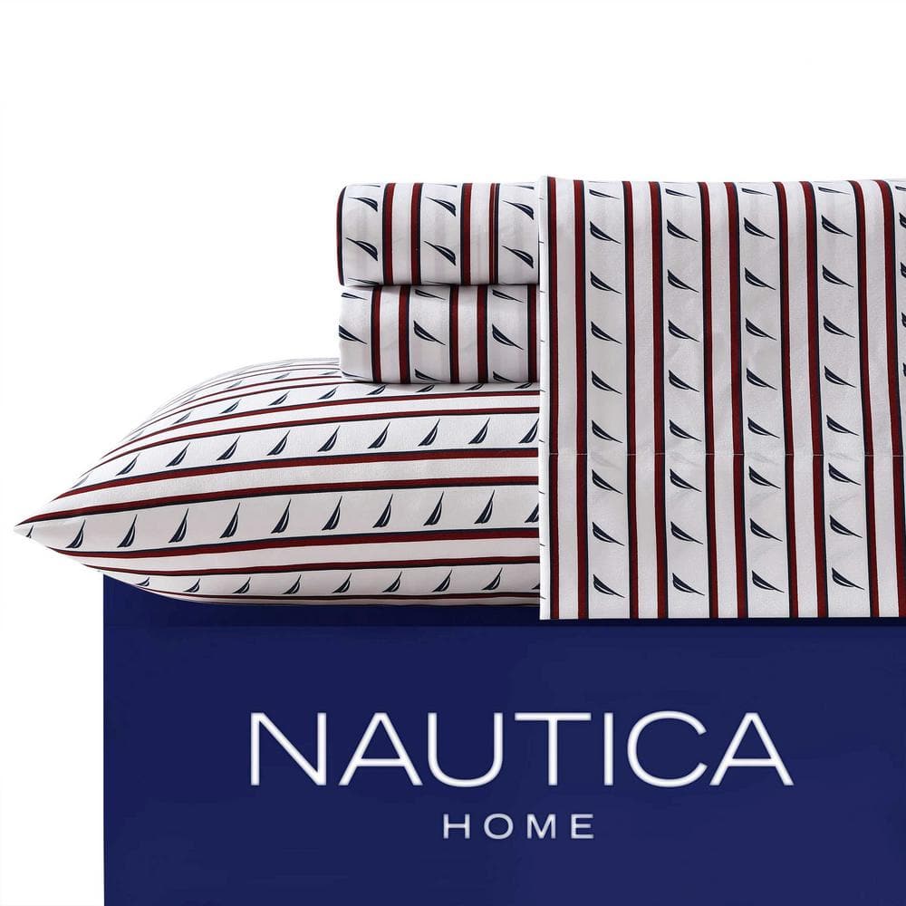 Full White and Red Striped Polyester Microfiber Bedding Set
