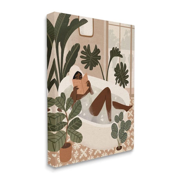 Stupell Industries "Female Reading in Bath Tropical Palm" by Victoria Barnes Unframed Typography Canvas Wall Art Print 24 in. x 30 in.