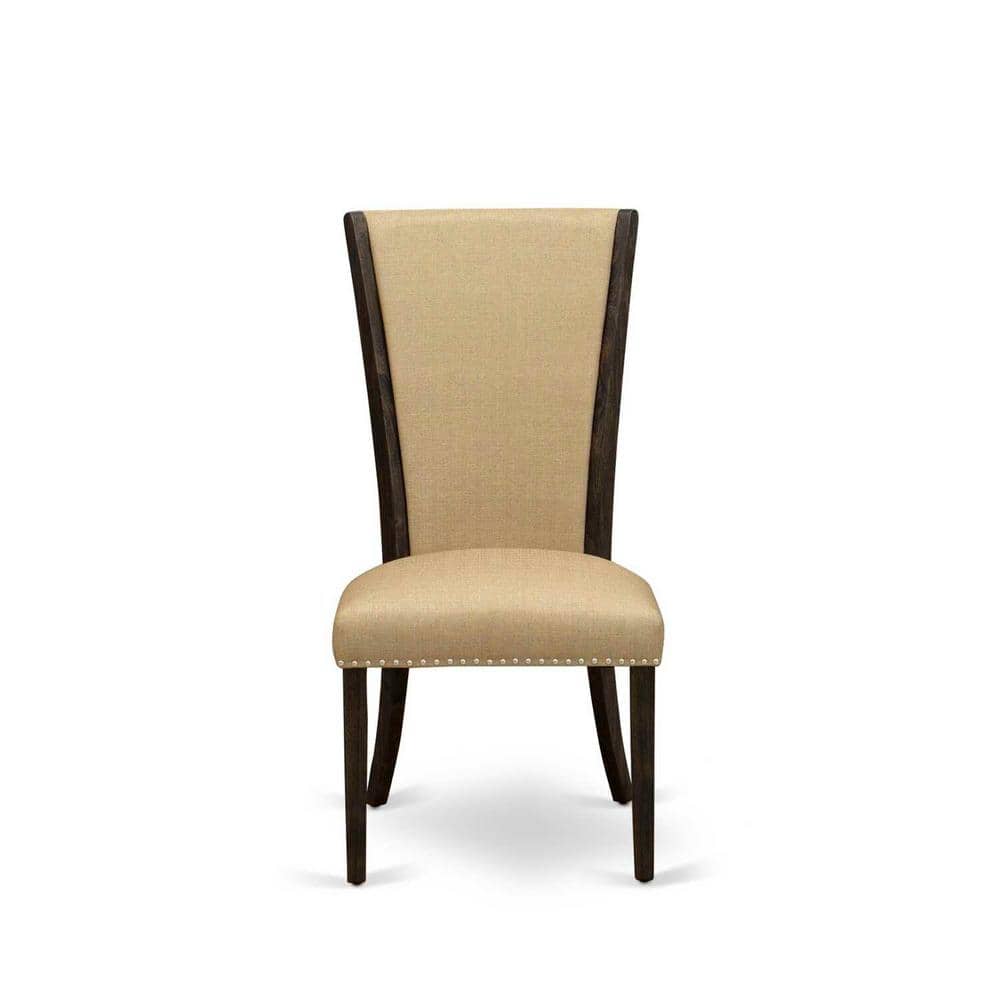 Distressed Jacobean Round Wood Dining Table Set with 4 Beige Linen Chairs