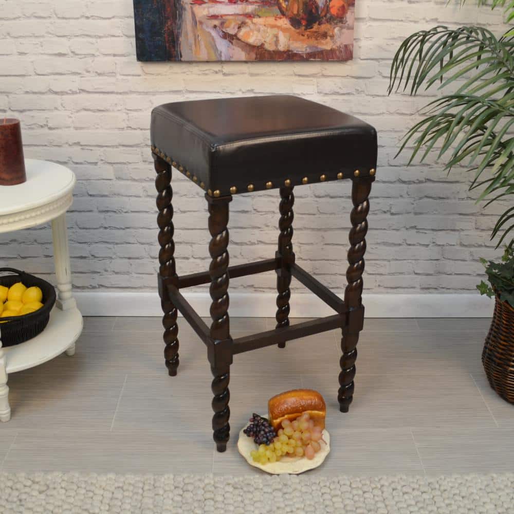 Espresso Brown Leatherette Backless Barstool with Metal Accents