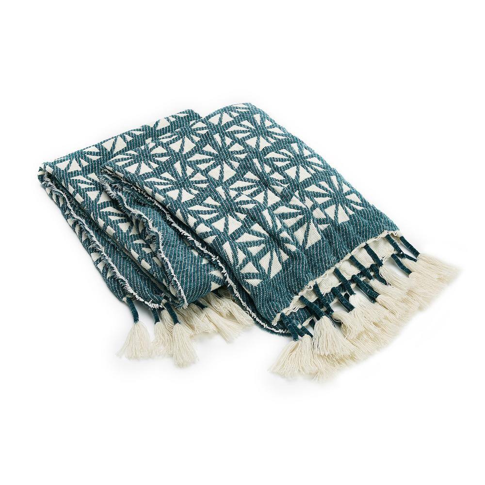 50"x60" Teal Blue Geometric Fringe Bohemian Throw Blanket