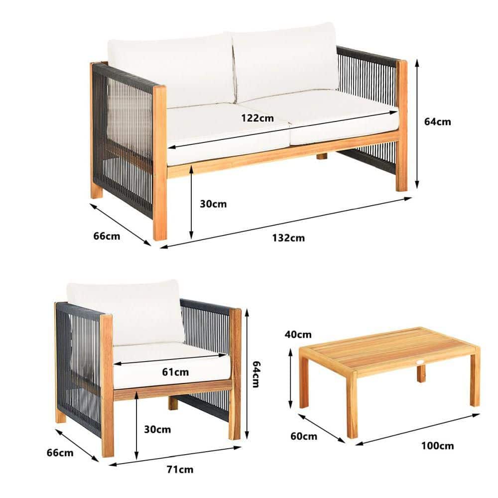 Dimensions diagram of the patio set components.