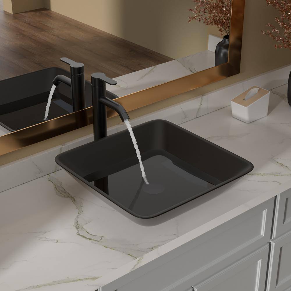 16" Square Matte Black Tempered Glass Vessel Sink