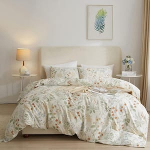 3-Piece White Vintage Style Floral Cotton King Duvet Cover Set