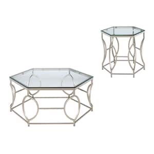 Gwinne 2-Piece 40 in. Silver and Clear Hexagon Glass Coffee Table Set