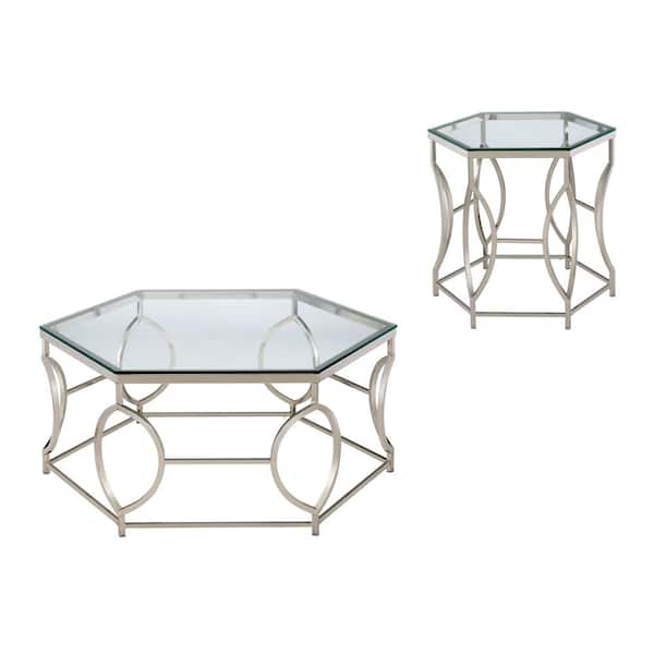 Furniture of America Gwinne 2-Piece 40 in. Silver and Clear Hexagon Glass Coffee Table Set