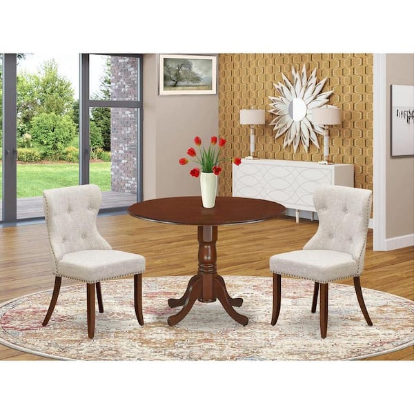 East West Furniture 3-Piece Mahogany Finish Solid Wood Top - Round Dining Room Set with Dropleaf Seats-4