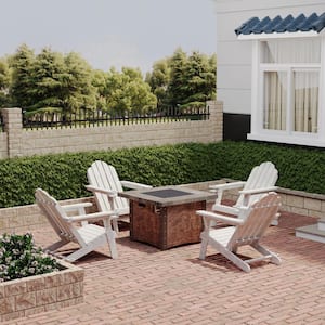 34.5 in. 5-Piece Metal Patio Fire Pit Set Fire Pit Table and White Adirondack Chairs with Cup Holder and Umbrella Holder