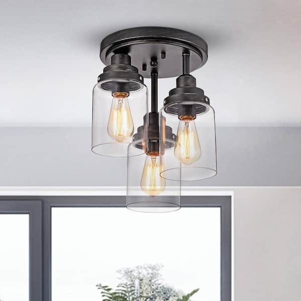 Iris 11.6 in. Dia Flush Mount in Antique Black Finish with Clear Glass Shades