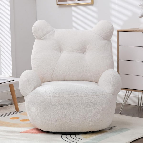 White Teddy Short Plush Particle Velvet Swivel Accent Chair with Bear Backrest Barrel ArmChair