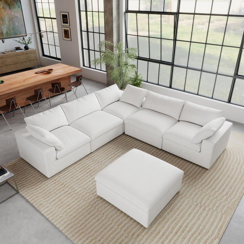 6-Piece 117.9 in. Square Arm Linen Modular Free Combination Sofa with Storage Ottoman in White price history on PriceWatchPro