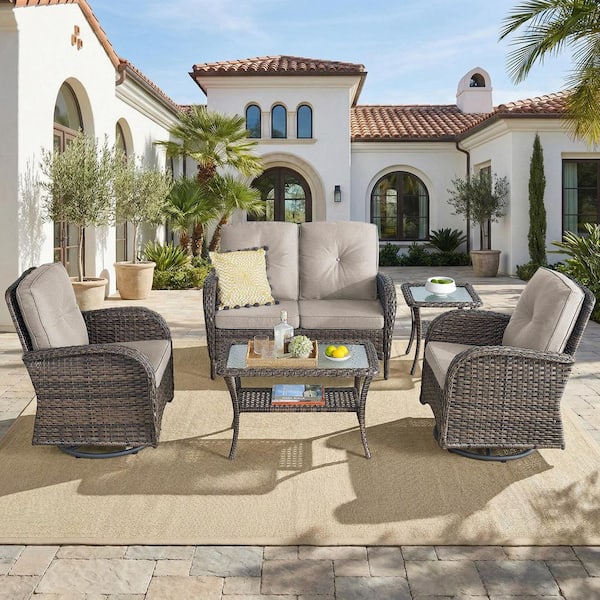 Carlos Brown 5-Piece Sofa Set Wicker Patio Conversation Deep Seating Set with Thick Beige Cushions