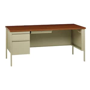 66 in. W x 30 in. D Rectangular Shape Putty/Oak 3-Drawer Left-Hand Single Pedestal File Office Desk with Center Drawer